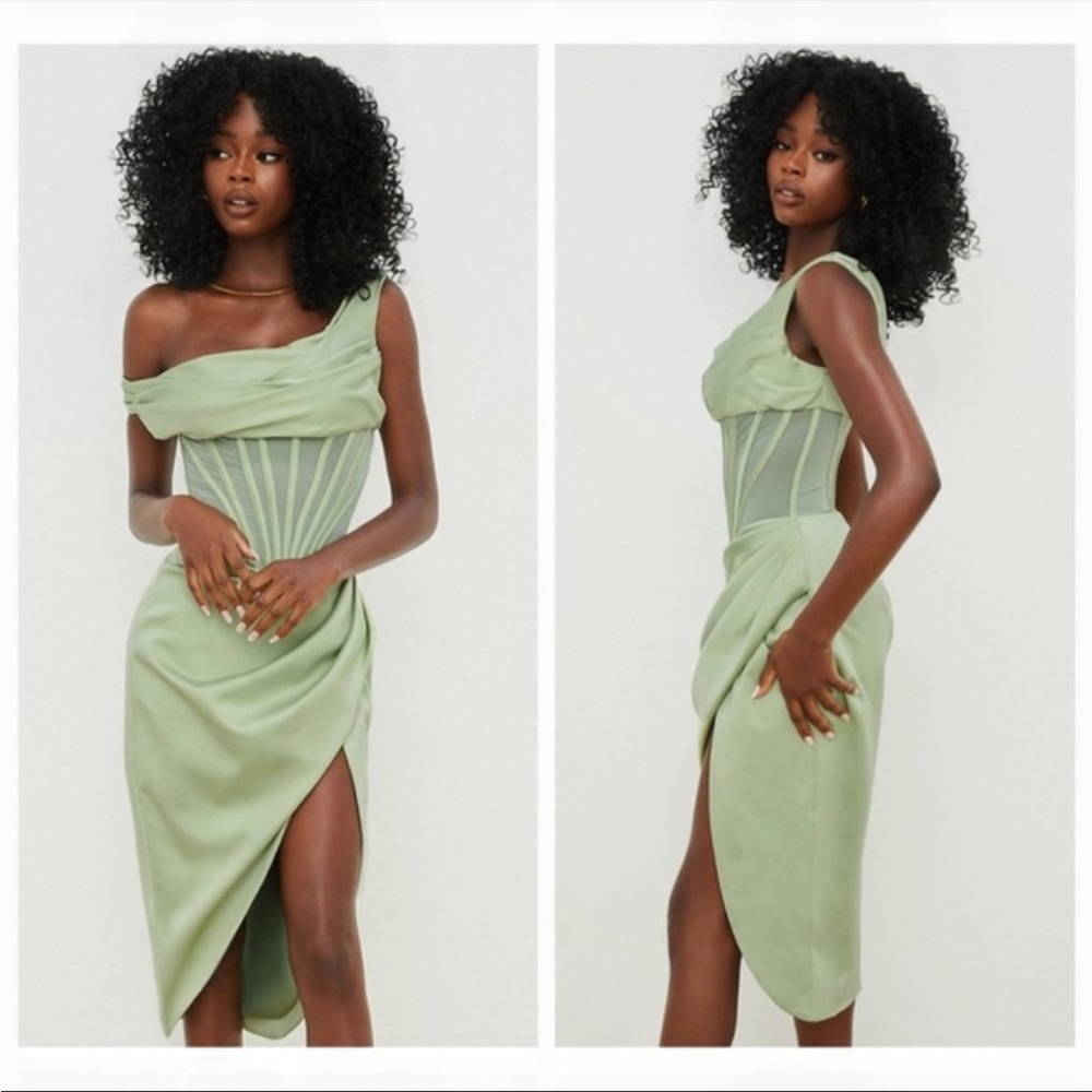 House of CB ‘Lulu’ Pistachio Asymmetric Drape Midi Corset Dress NWOT - Picture 10 of 14